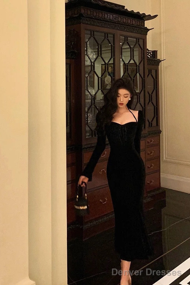 Sexy Mermaid Halter Long Sleeves Velvet Black Prom Dresses Birthday Outfits Secondary image