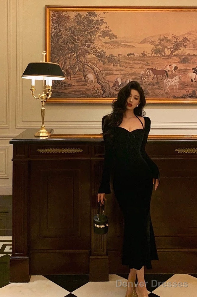 Sexy Mermaid Halter Long Sleeves Velvet Black Prom Dresses Birthday Outfits