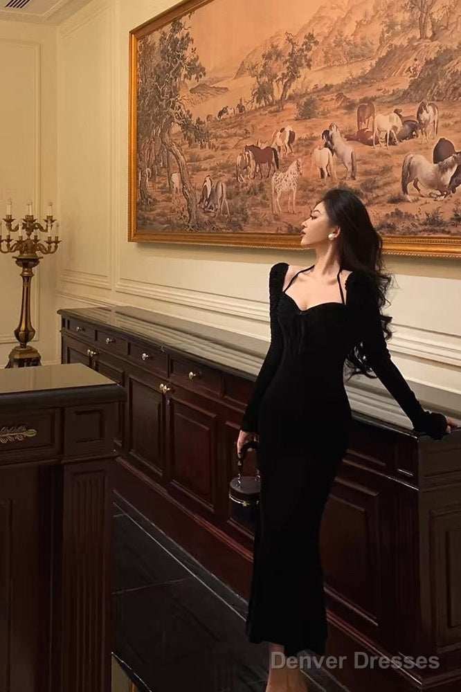 Sexy Mermaid Halter Long Sleeves Velvet Black Prom Dresses Birthday Outfits Main image