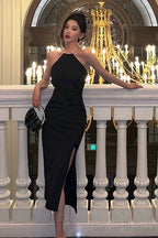 Sexy Mermaid Halter Neckline Black Satin Slit Prom Dresses Birthday Outfits