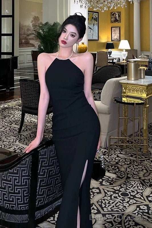 Sexy Mermaid Halter Neckline Black Satin Slit Prom Dresses Birthday Outfits Main image