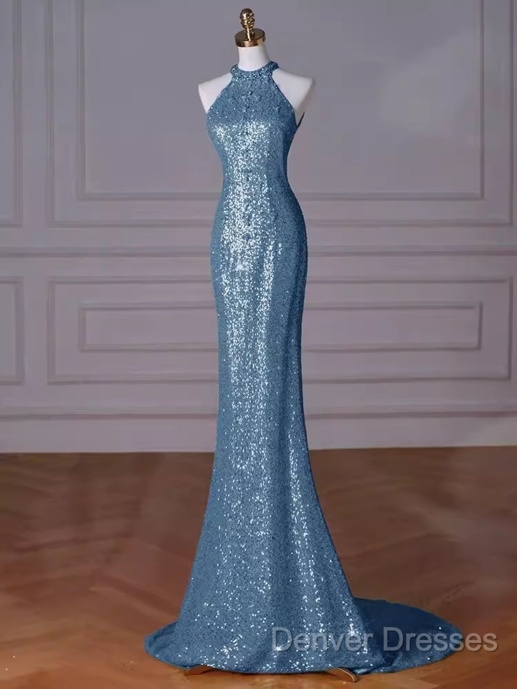Sexy Mermaid Halter Sequin Blue Floor Length Prom Dress Secondary image