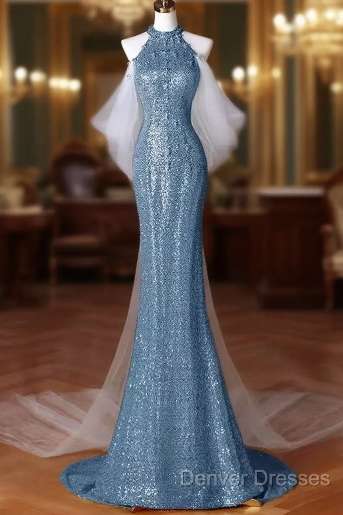 Sexy Mermaid Halter Sequin Blue Floor Length Prom Dress Main image
