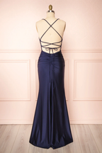 Sexy Mermaid Halter Sleeveless Navy Blue Long Prom Dress