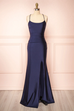 Sexy Mermaid Halter Sleeveless Navy Blue Long Prom Dress