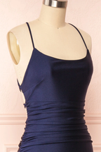 Sexy Mermaid Halter Sleeveless Navy Blue Long Prom Dress