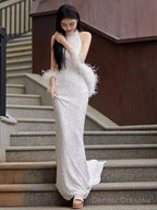 Sexy Mermaid High Neckline Sequin White Floor Length Prom Dress With Feathers