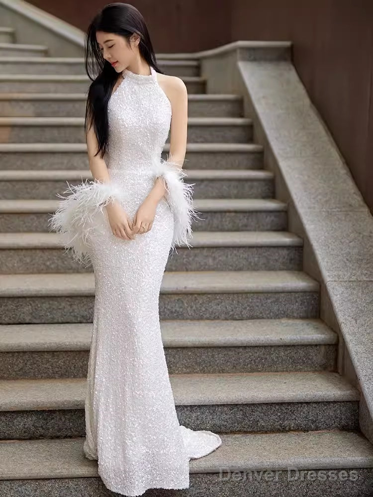 Sexy Mermaid High Neckline Sequin White Floor Length Prom Dress With Feathers Main image