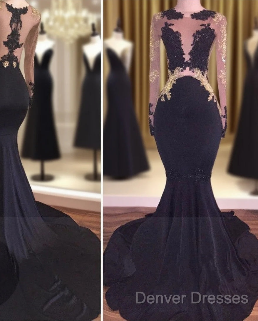 Sexy Mermaid Lace Black Gold Prom Dress