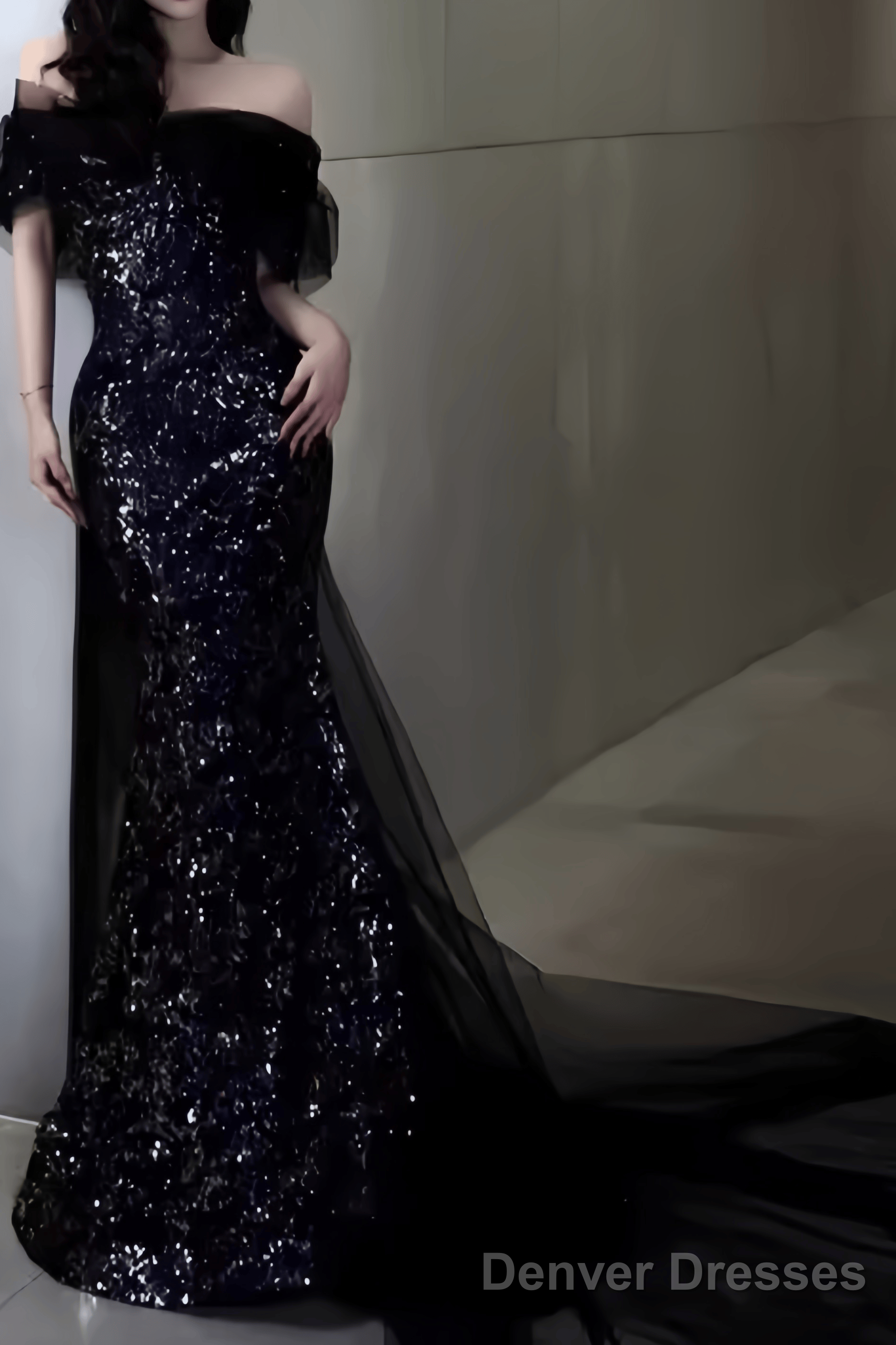 Sexy Mermaid Long Black Sequin Prom Dresses With Cap Sleeves Long Prom Dress Secondary image