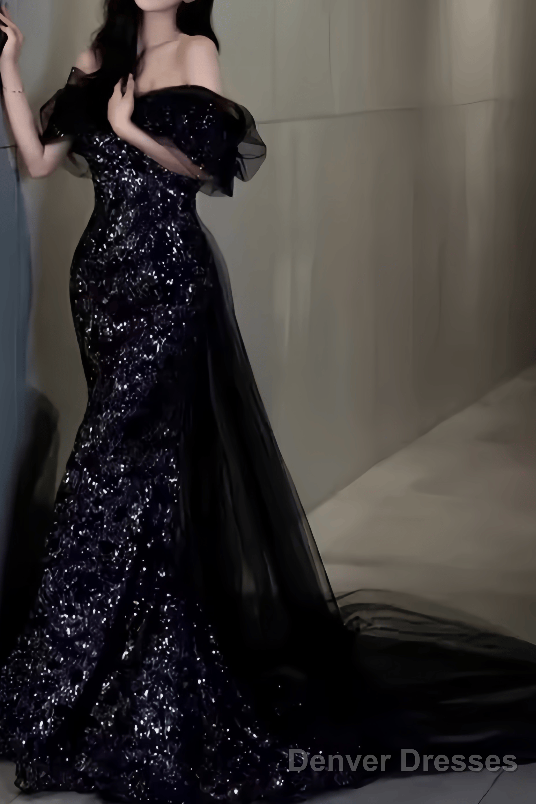 Sexy Mermaid Long Black Sequin Prom Dresses With Cap Sleeves Long Prom Dress Main image