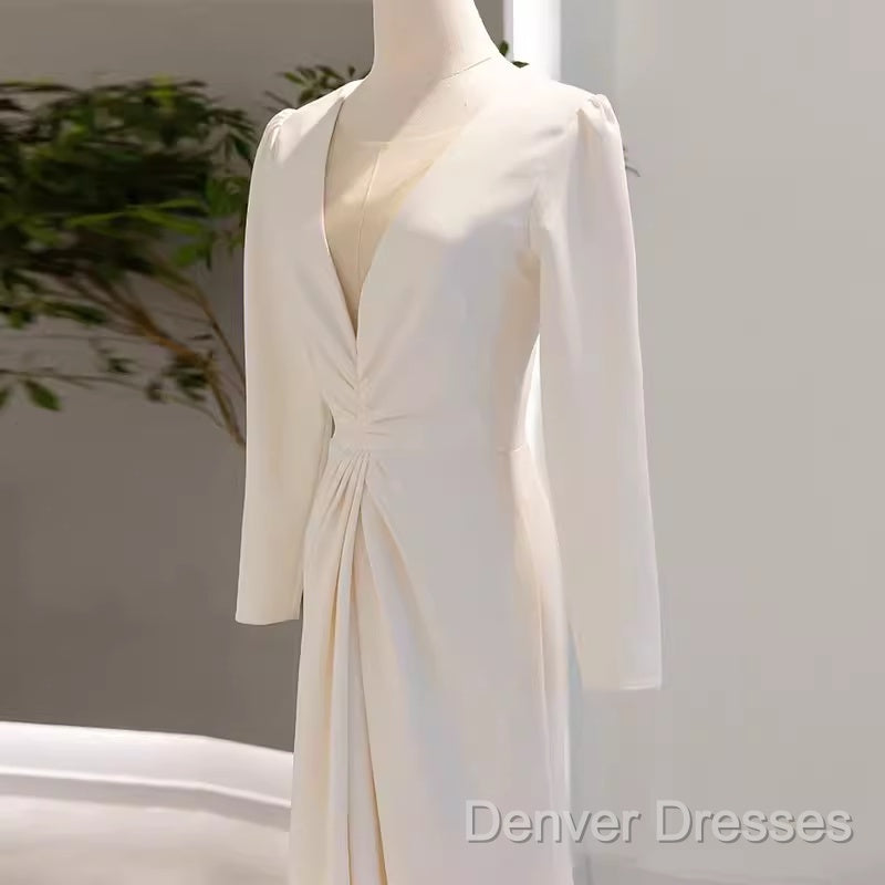 Sexy Mermaid Long Sleeves V Neckline Satin White Long Wedding Dress Brides Dress