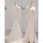Sexy Mermaid Long Sleeves V Neckline Satin White Long Wedding Dress Brides Dress