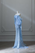 Sexy Mermaid Off The Shoulder Blue Sequin Long Prom Dress Evening Gowns
