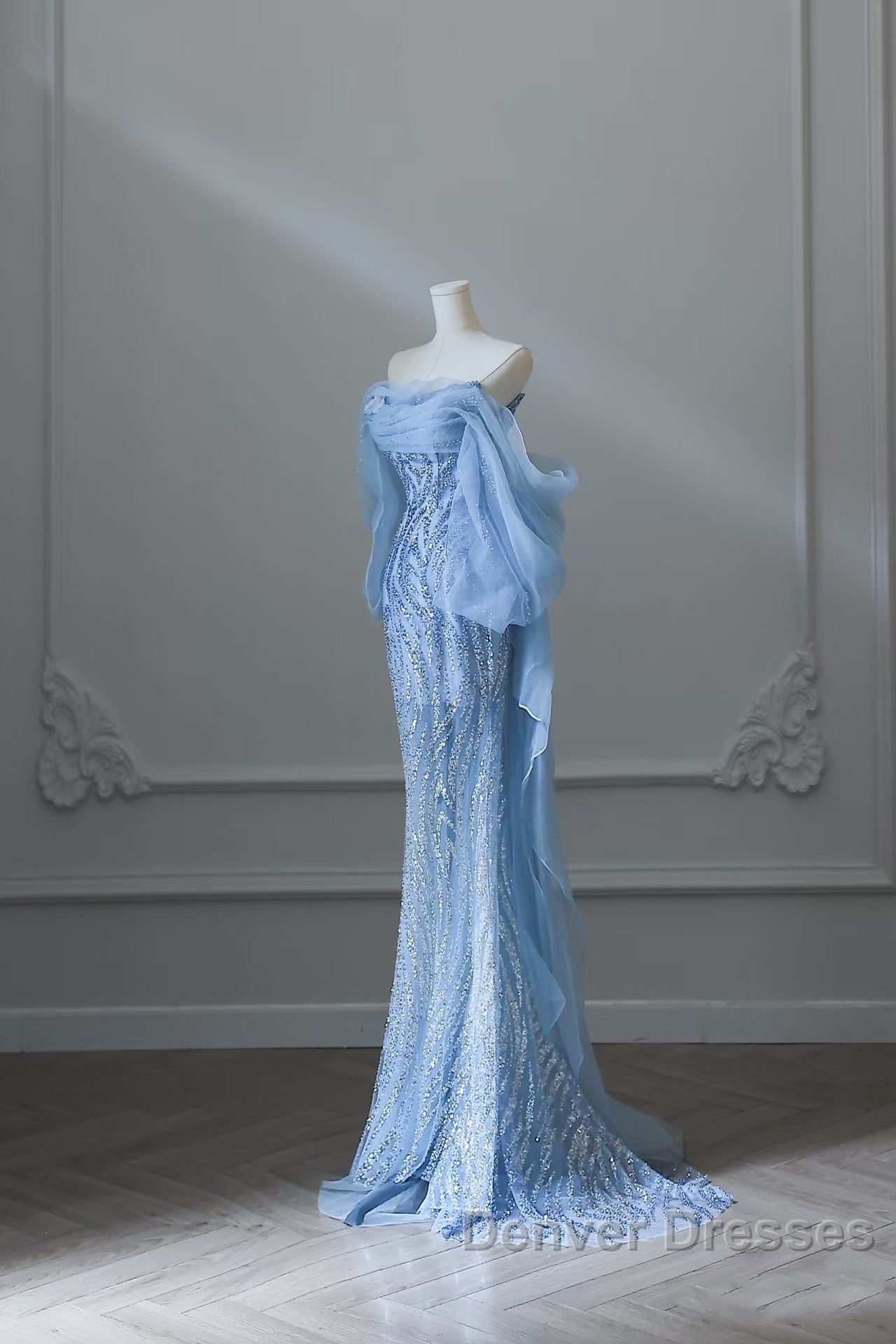 Sexy Mermaid Off The Shoulder Blue Sequin Long Prom Dress Evening Gowns