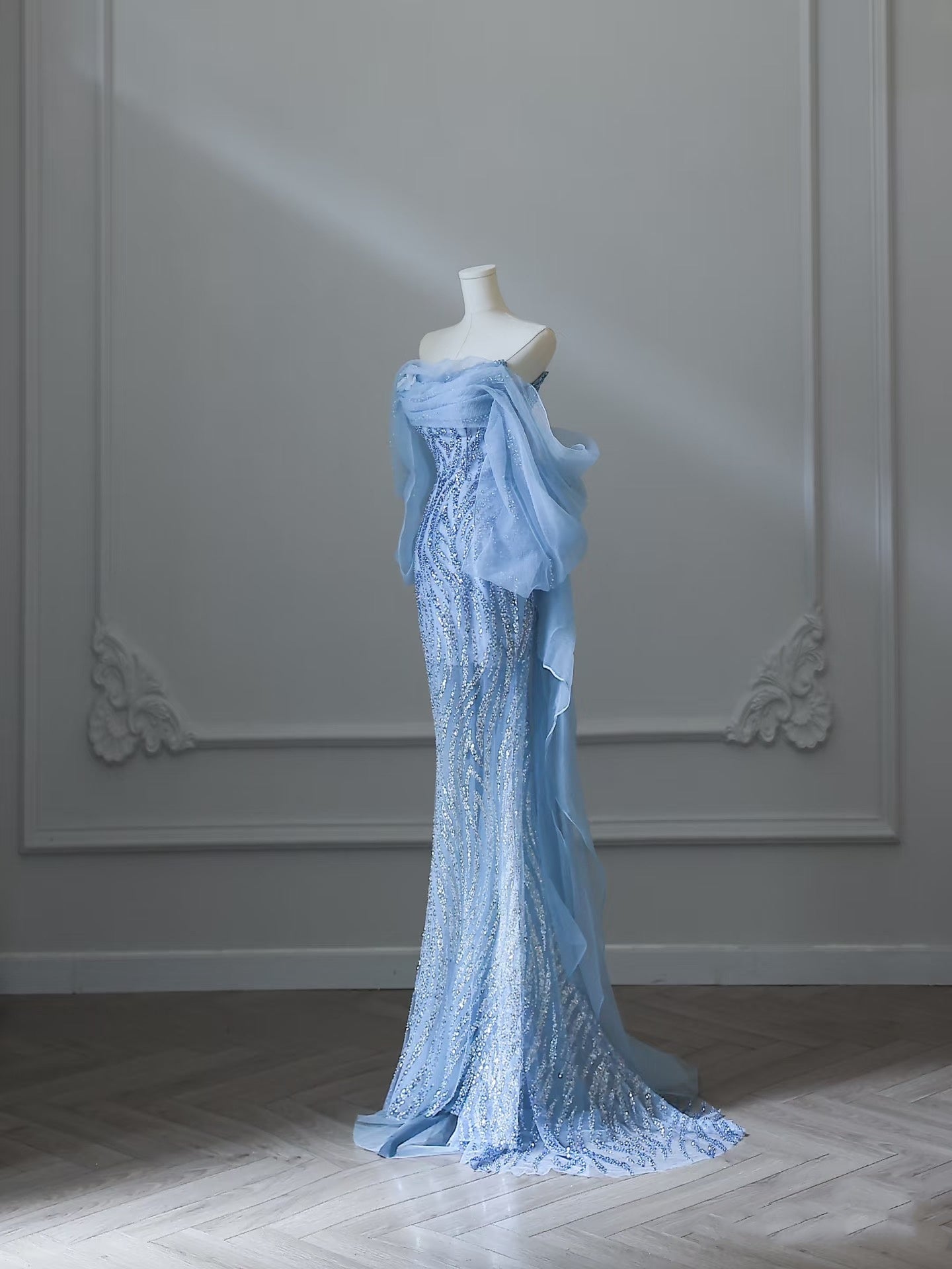 Sexy Mermaid Off The Shoulder Blue Sequin Long Prom Dress Evening Gowns