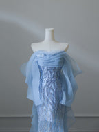 Sexy Mermaid Off The Shoulder Blue Sequin Long Prom Dress Evening Gowns