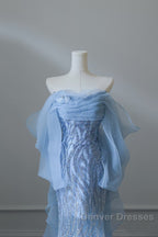 Sexy Mermaid Off The Shoulder Blue Sequin Long Prom Dress Evening Gowns