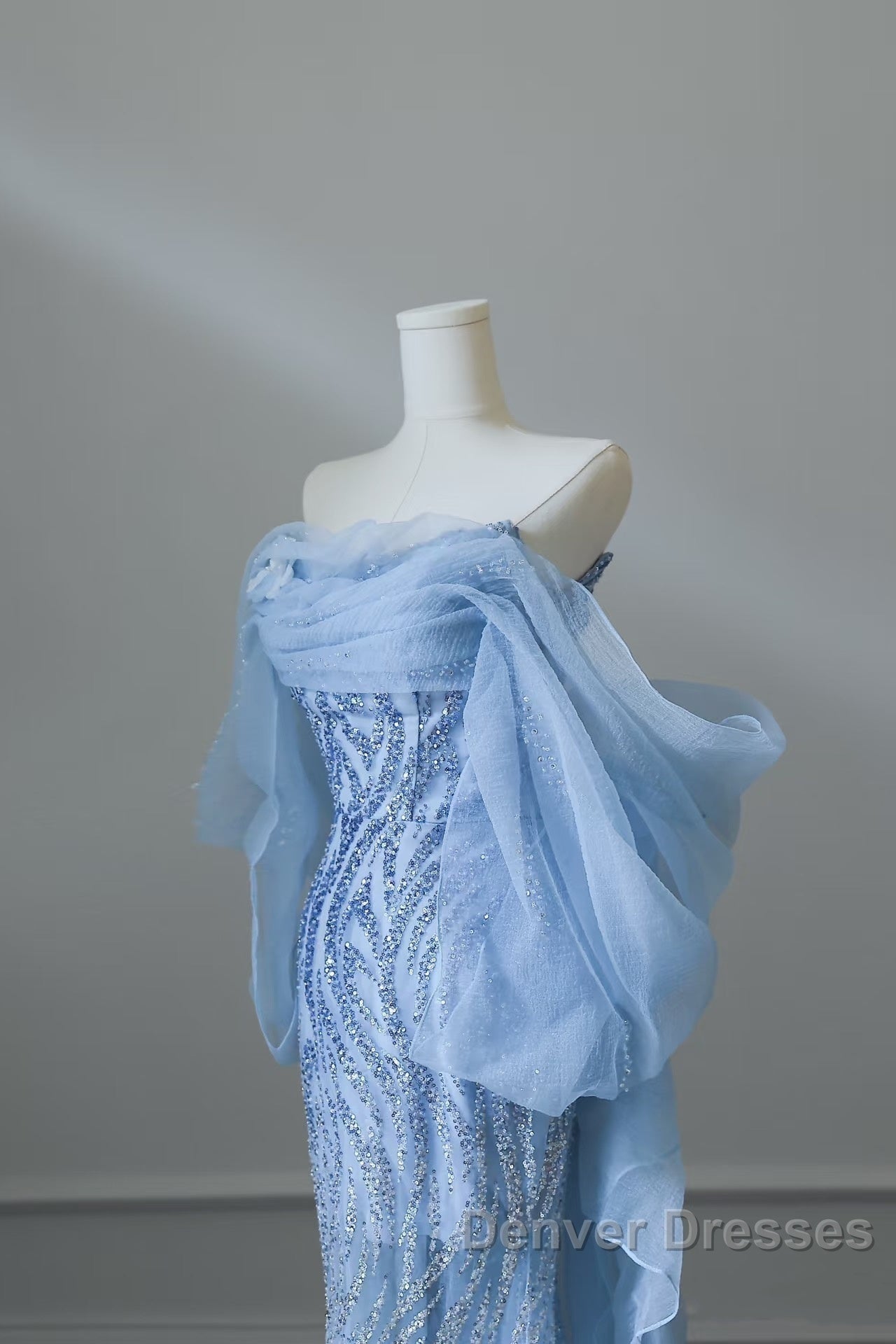 Sexy Mermaid Off The Shoulder Blue Sequin Long Prom Dress Evening Gowns