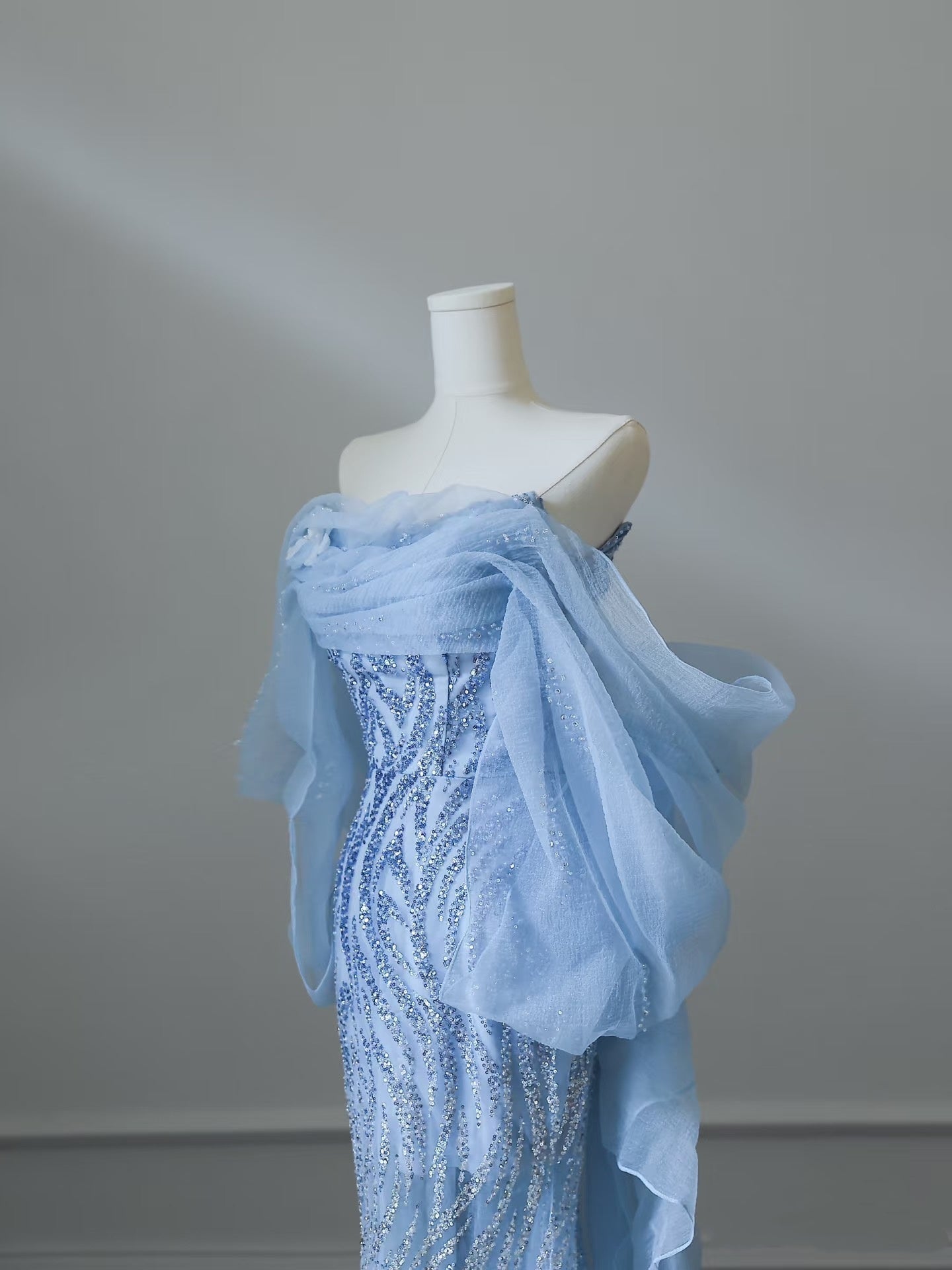 Sexy Mermaid Off The Shoulder Blue Sequin Long Prom Dress Evening Gowns