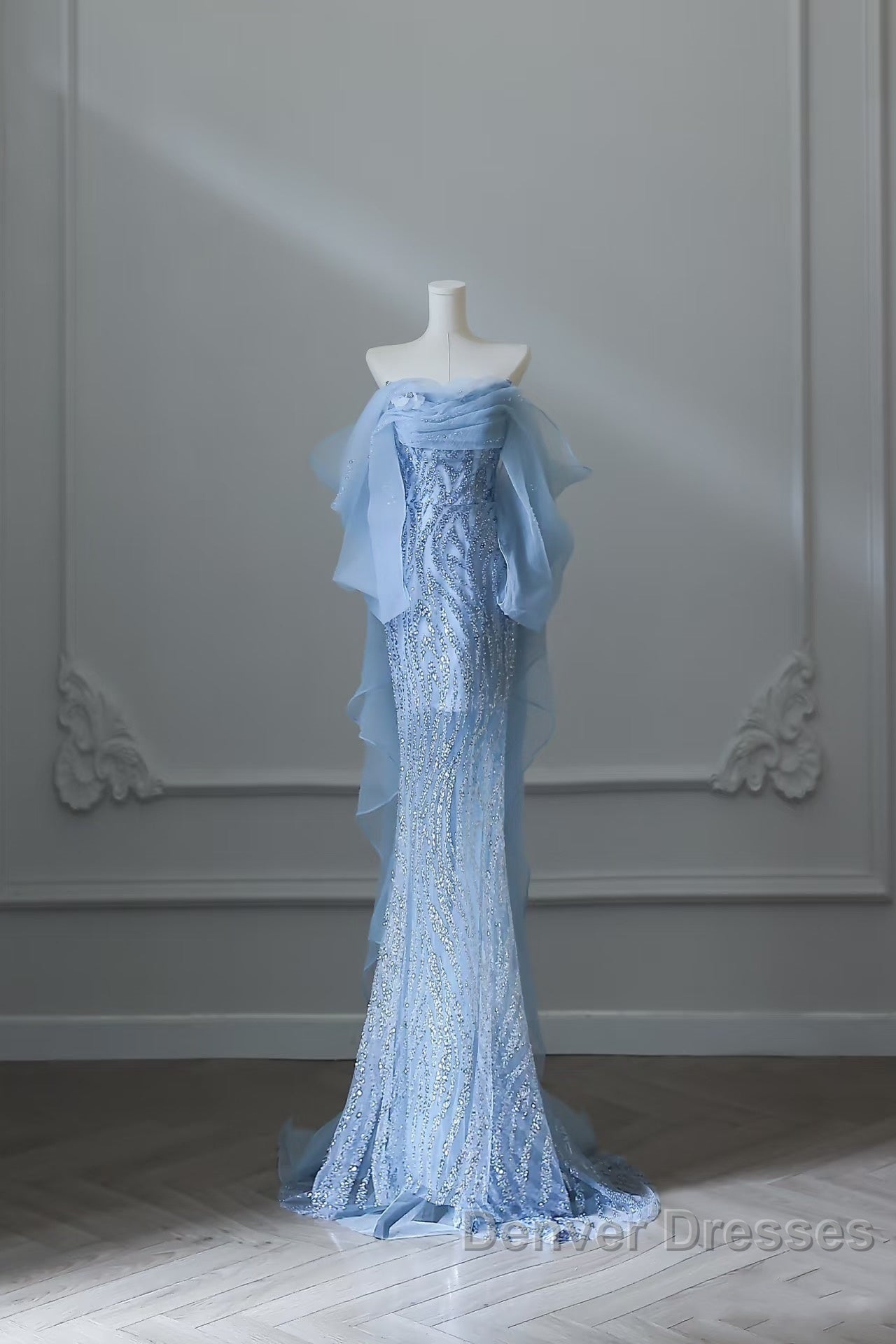 Sexy Mermaid Off The Shoulder Blue Sequin Long Prom Dress Evening Gowns