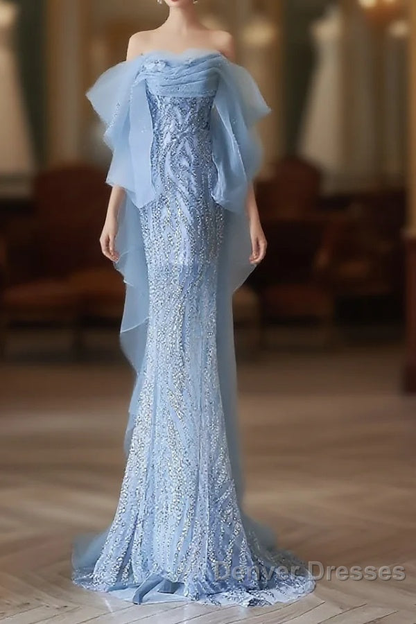 Sexy Mermaid Off The Shoulder Blue Sequin Long Prom Dress Evening Gowns Main image