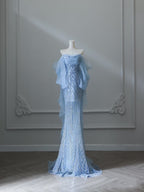 Sexy Mermaid Off The Shoulder Blue Sequin Long Prom Dress Evening Gowns