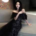 Sexy Mermaid Off The Shoulder Cap Sleeves Sequin Floor Length Black Prom Dresses
