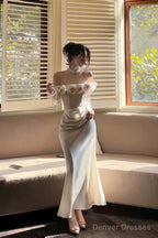 Sexy Mermaid Off The Shoulder Flowers Satin Long Evening Dress Prom Dresses