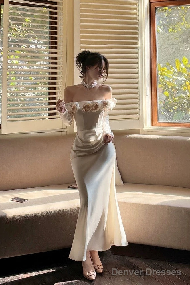 Sexy Mermaid Off The Shoulder Flowers Satin Long Evening Dress Prom Dresses