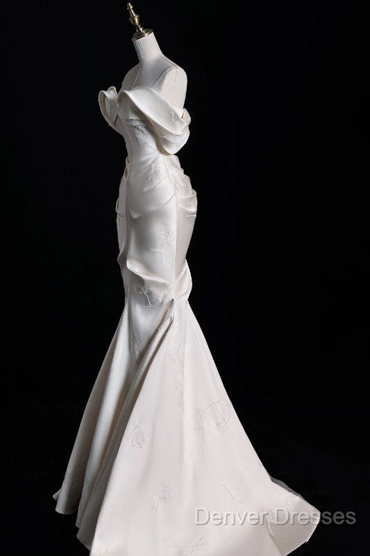 Sexy Mermaid Off The Shoulder Ivory Satin Long Wedding Dress Brides Dress Secondary image