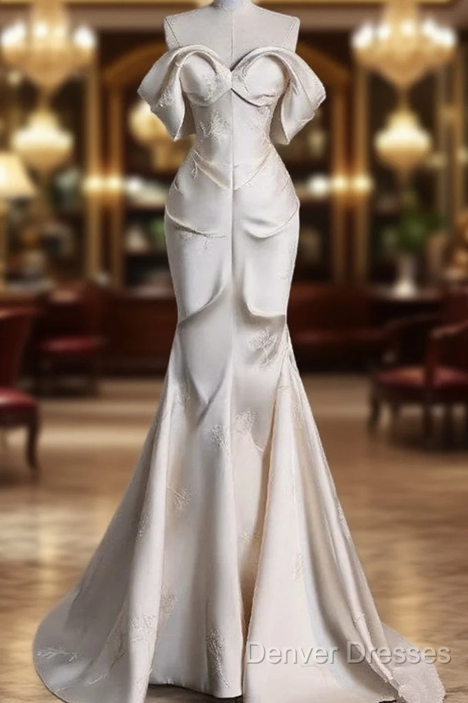 Sexy Mermaid Off The Shoulder Ivory Satin Long Wedding Dress Brides Dress Main image