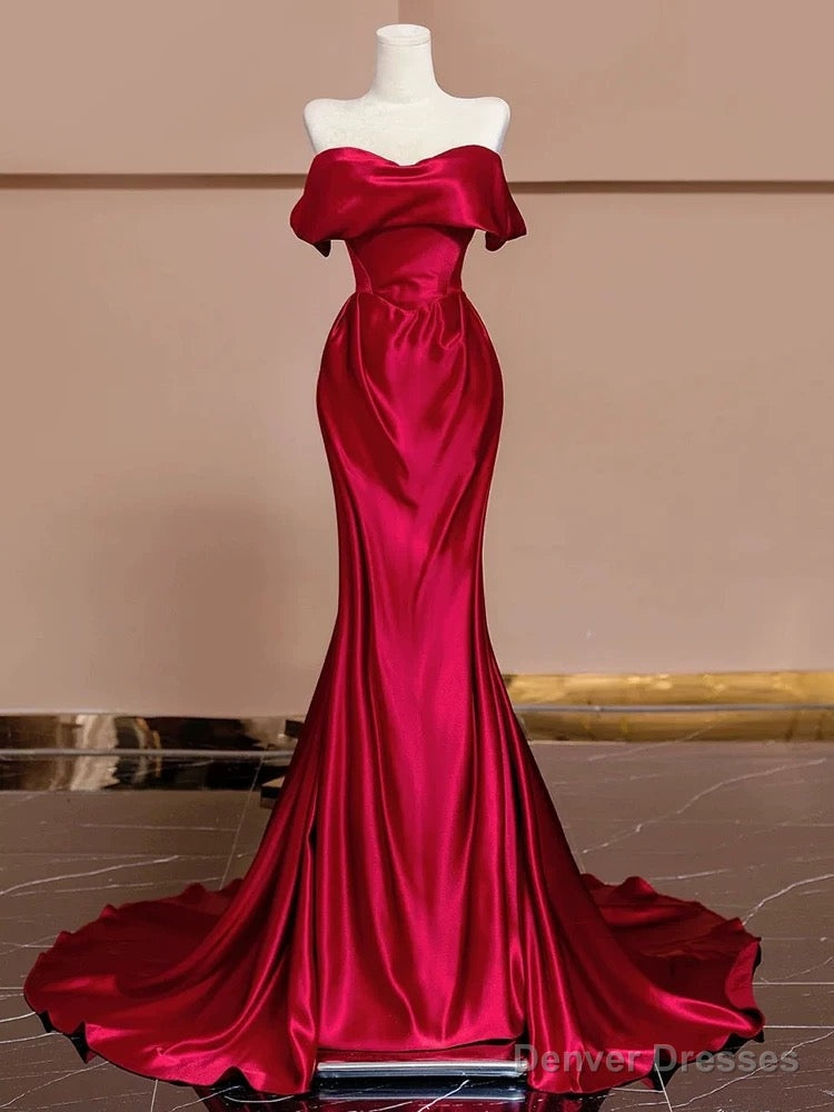 Sexy Mermaid Off The Shoulder Satin Red Floor Length Evening Dress Prom Dresses Main image