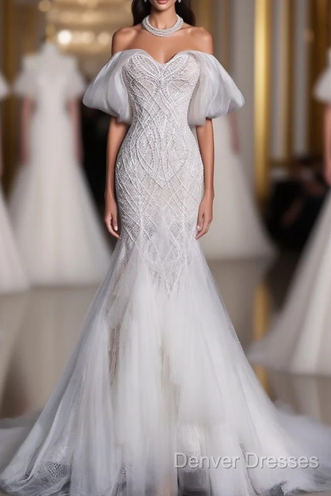 Sexy Mermaid Off The Shoulder White Lace Long Wedding Dress Brides Dress Main image