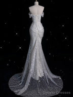 Sexy Mermaid Off The Shoulder White Lace Sequin Long Wedding Dresses Brides Dress