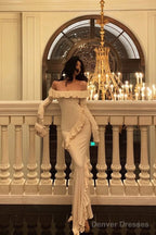 Sexy Mermaid Off The Shoulder White Long Sleeves Ankle Length Ruffle Prom Dresses Birthday Outfits