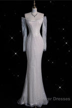Sexy Mermaid Off The Shoulder White Sequin Long Sleeves Wedding Dress Brides Dress
