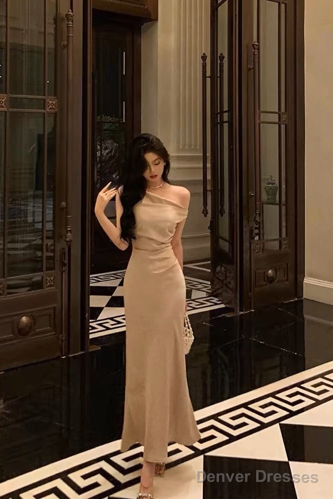 Sexy Mermaid One Shoulder Satin Champagne Prom Dresses Long Birthday Outfits Evening Gown