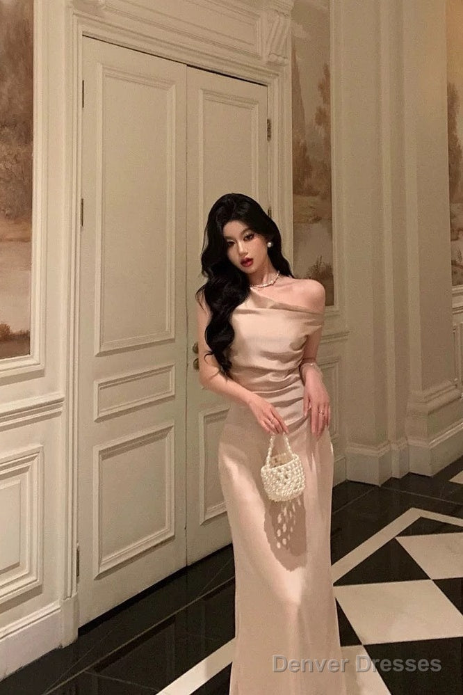 Sexy Mermaid One Shoulder Satin Champagne Prom Dresses Long Birthday Outfits Evening Gown