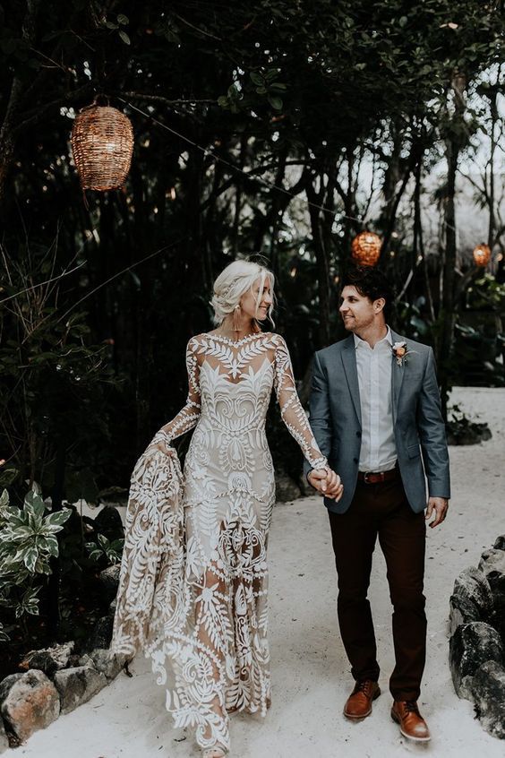 Sexy Mermaid Prom Dress Boho Lace Long Sleeves Spring Wedding Dress