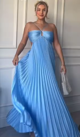 Sexy A Line Spaghetti Straps Blue Backless Prom Dress Long Party Dress
