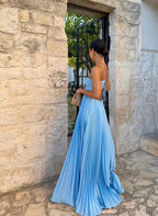 Sexy A Line Spaghetti Straps Blue Backless Prom Dress Long Party Dress