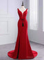 Sexy Mermaid Red Satin V-neck Backless Prom Dress With Sash