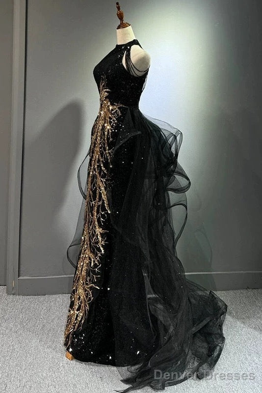 Sexy Mermaid Scoop Neckline Black Sequin Floor Length Prom Dresses