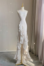 Sexy Mermaid Scoop Satin Night Party Dress White Long Prom Dress