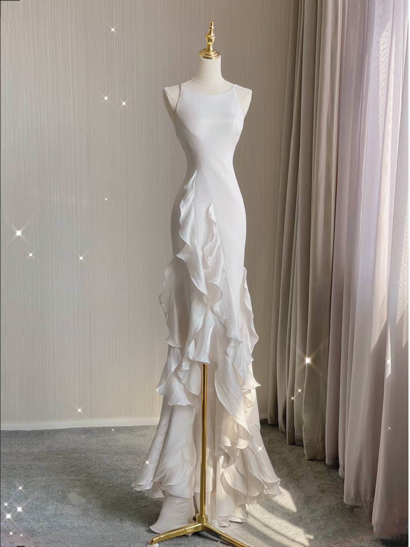 Sexy Mermaid Scoop Satin Night Party Dress White Long Prom Dress Secondary image