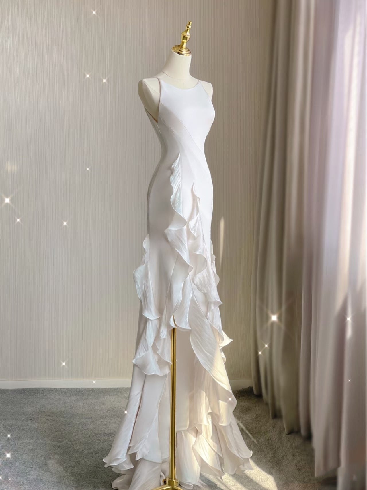 Sexy Mermaid Scoop Satin Night Party Dress White Long Prom Dress
