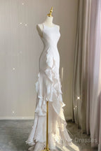 Sexy Mermaid Scoop Satin Night Party Dress White Long Prom Dress