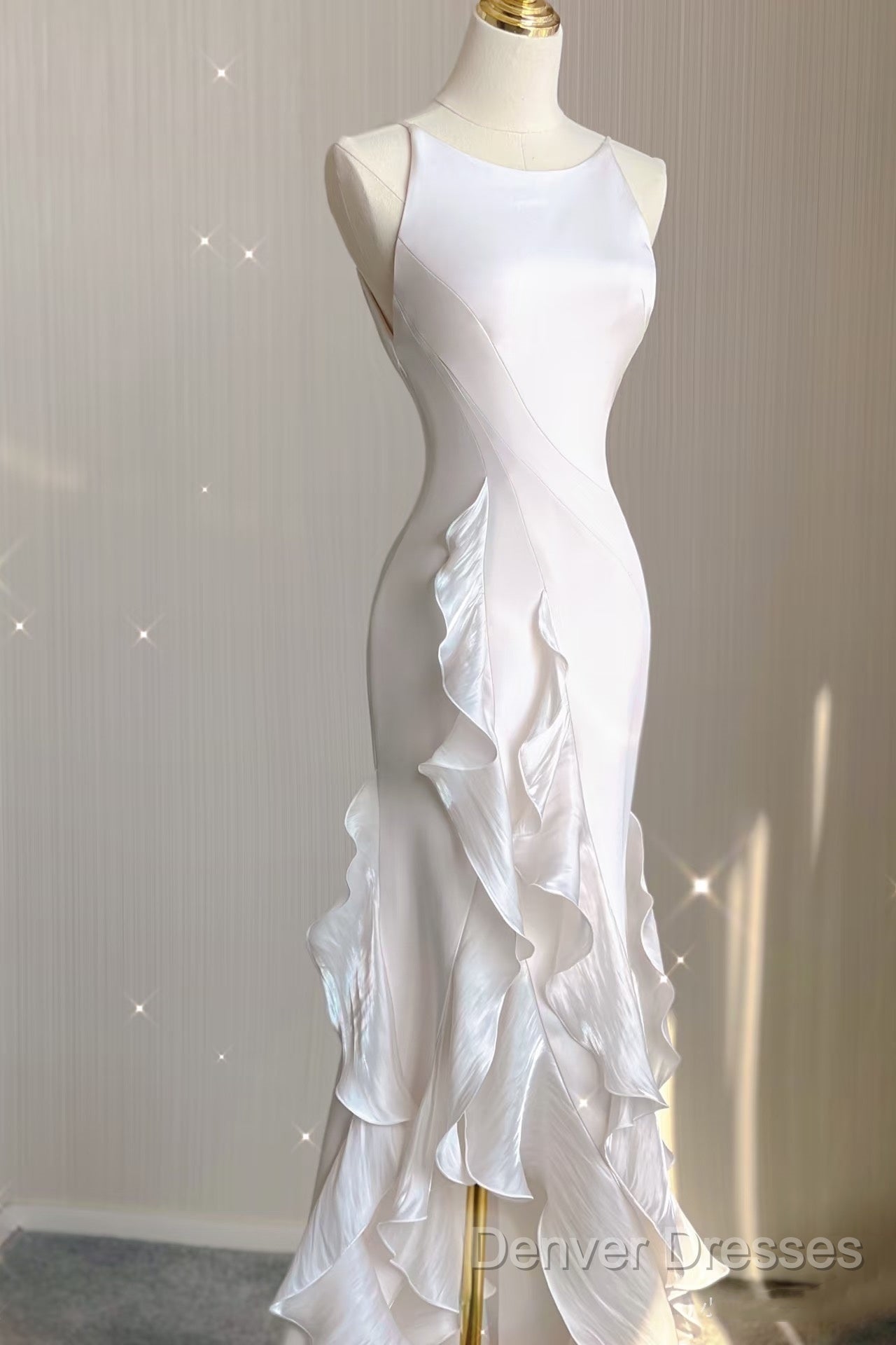 Sexy Mermaid Scoop Satin Night Party Dress White Long Prom Dress