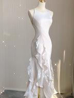 Sexy Mermaid Scoop Satin Night Party Dress White Long Prom Dress